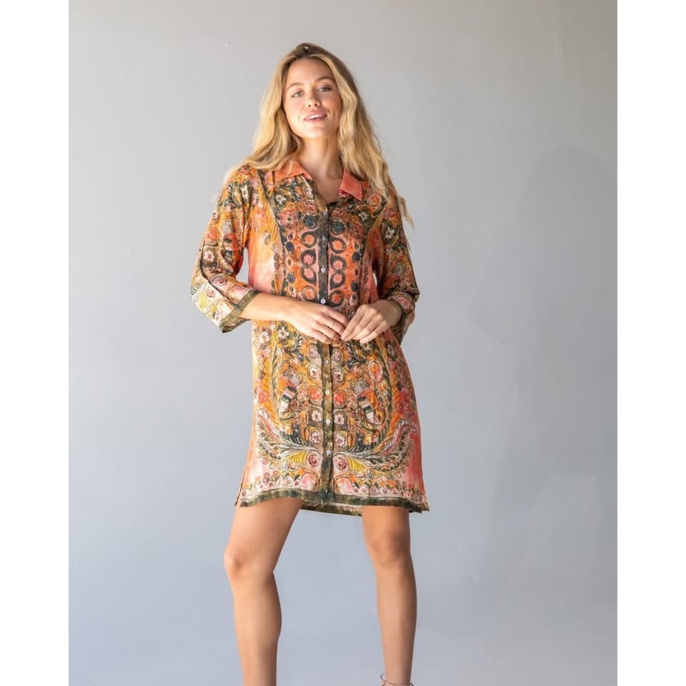 Natural Life Womens Orange Floral Paisley Rayon Button Down Tunic Dress S Boho